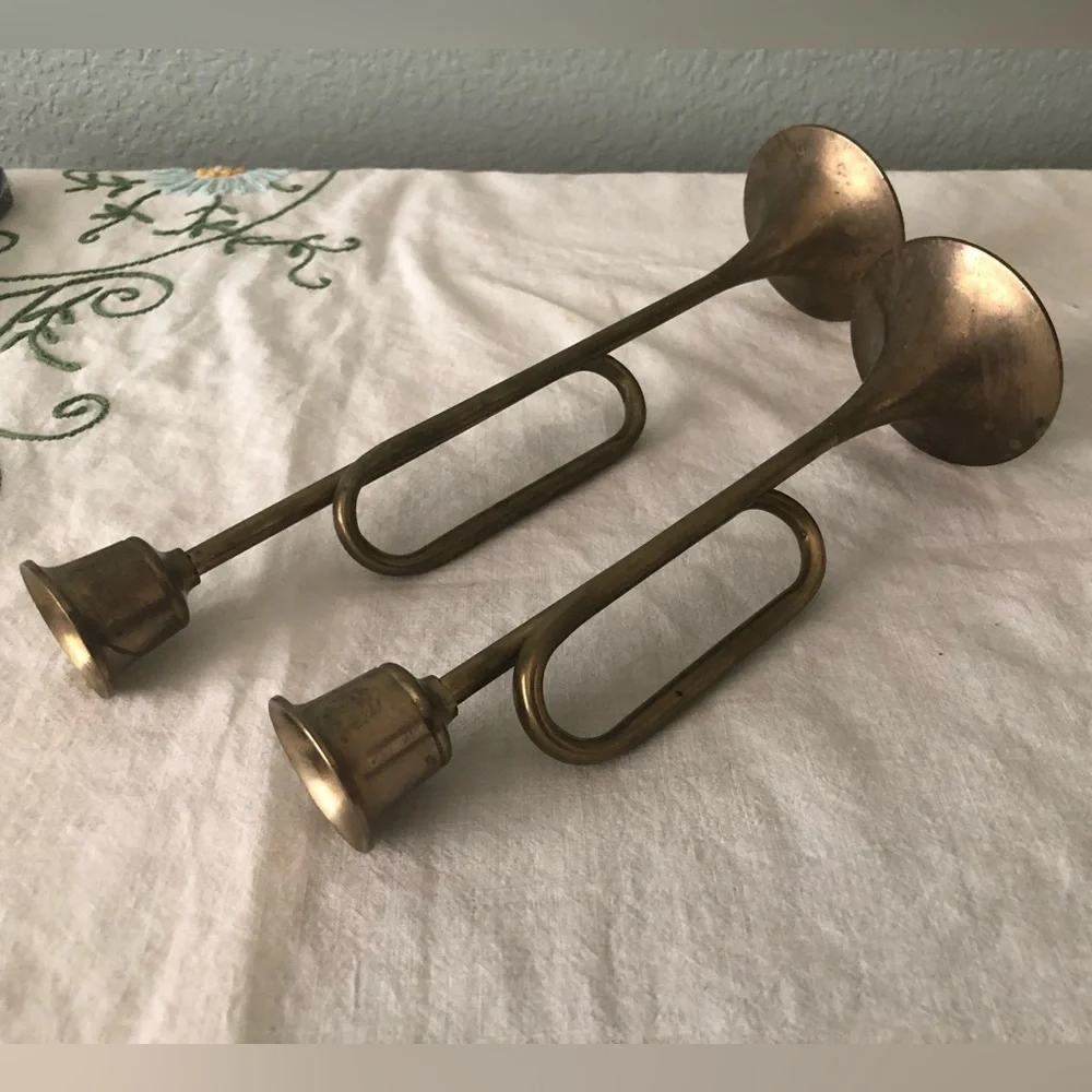 vtg pair of solid brass trumpet candel holders made in taiwan